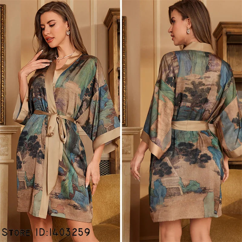 Art Print Silk Satin Kimono Gown