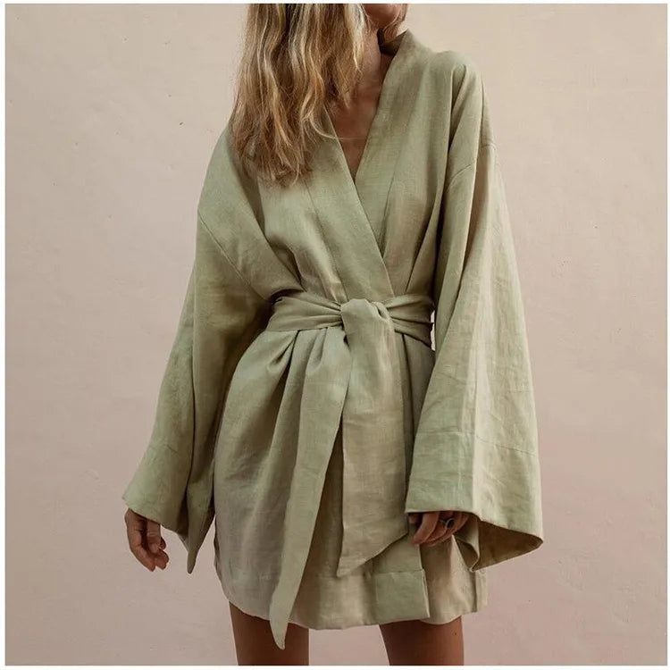 Cotton Kimono-Style Robe Mini Dress with Waist Sash