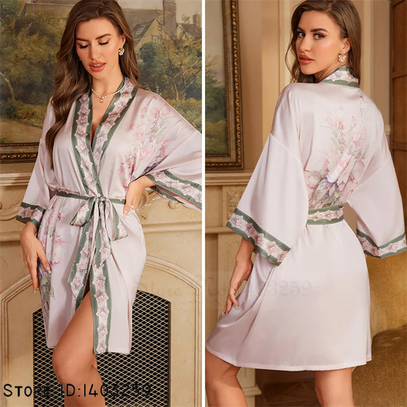 Art Print Silk Satin Kimono Gown