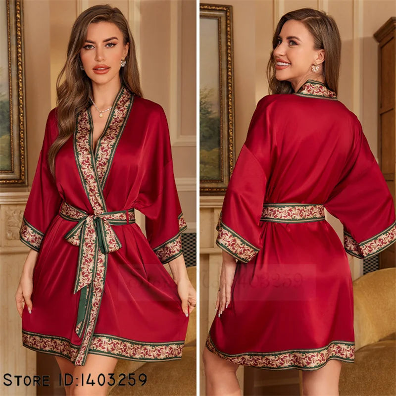 Art Print Silk Satin Kimono Gown