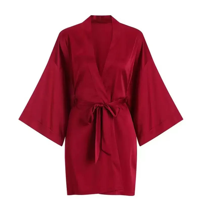 Cotton Kimono-Style Robe Mini Dress with Waist Sash