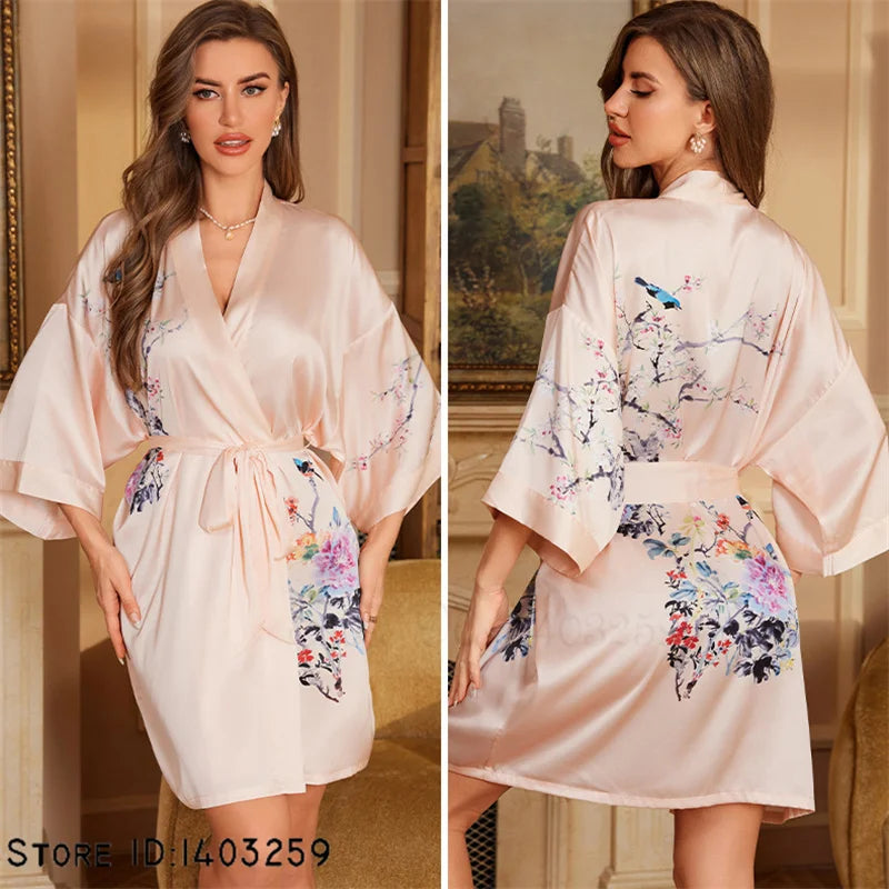 Art Print Silk Satin Kimono Gown