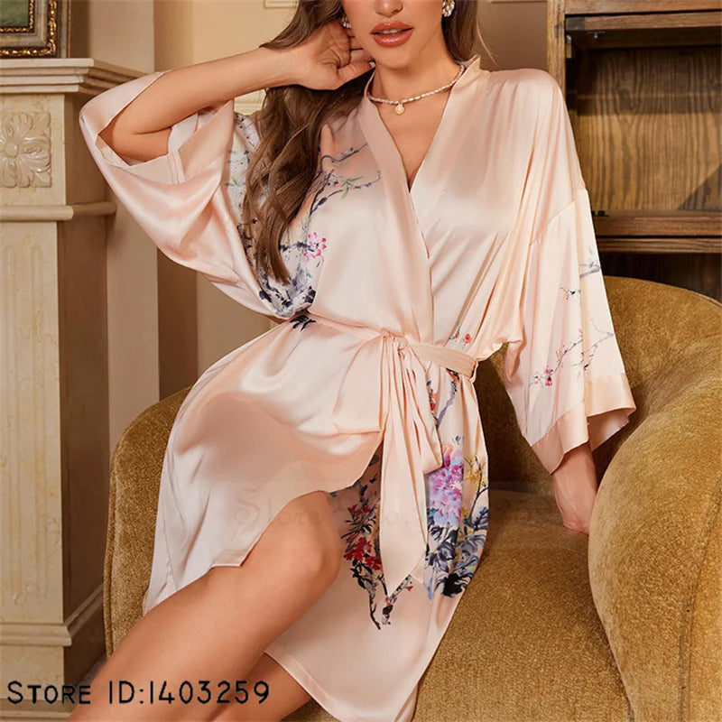 Art Print Silk Satin Kimono Gown