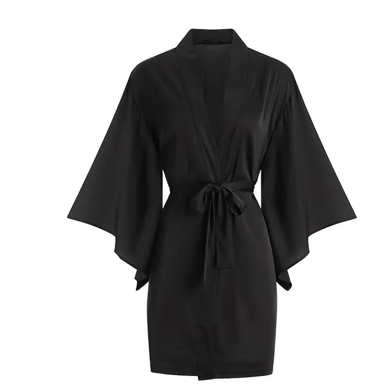 Cotton Kimono-Style Robe Mini Dress with Waist Sash