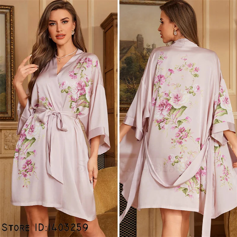 Art Print Silk Satin Kimono Gown