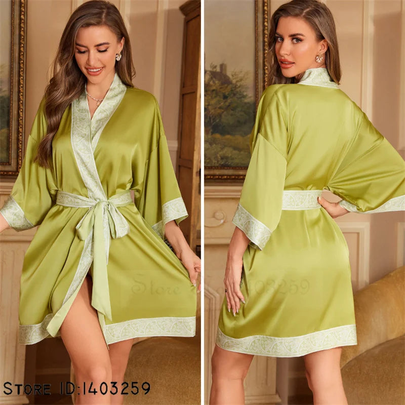 Art Print Silk Satin Kimono Gown
