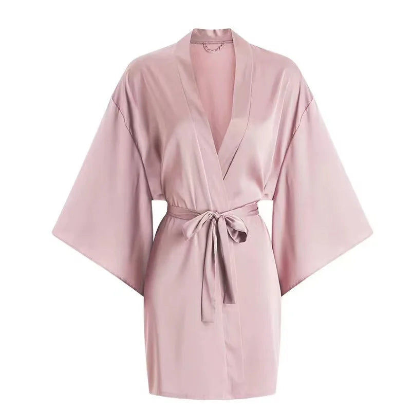 Cotton Kimono-Style Robe Mini Dress with Waist Sash