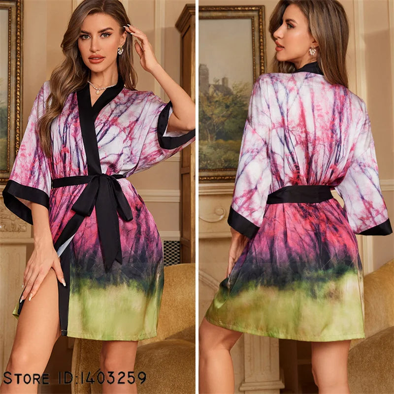 Art Print Silk Satin Kimono Gown