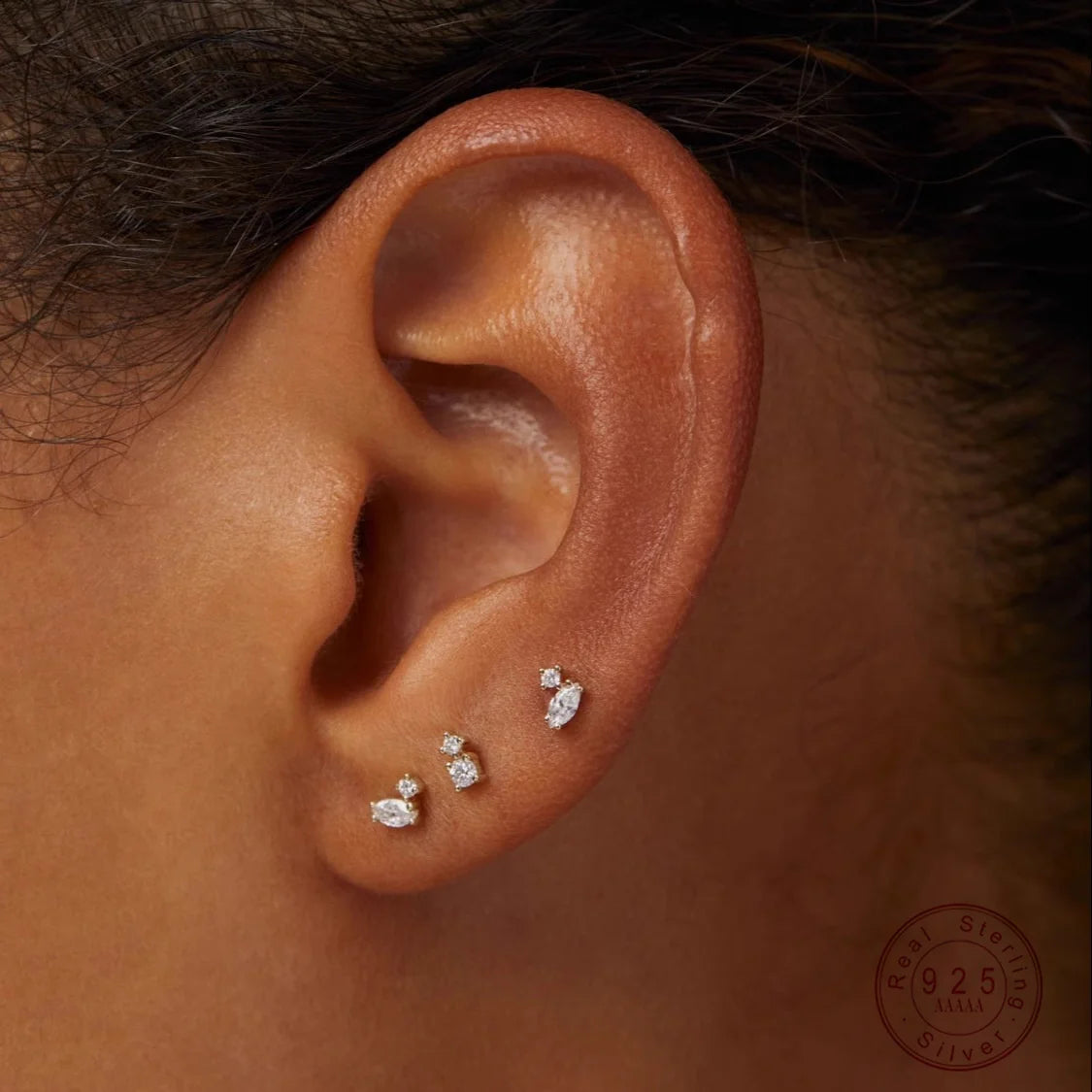 925 Sterling Silver Electroplated 18K Gold Mini zircon geometry earring