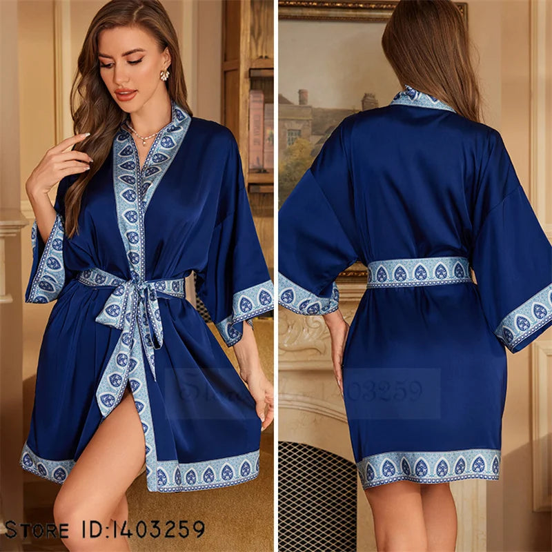 Art Print Silk Satin Kimono Gown