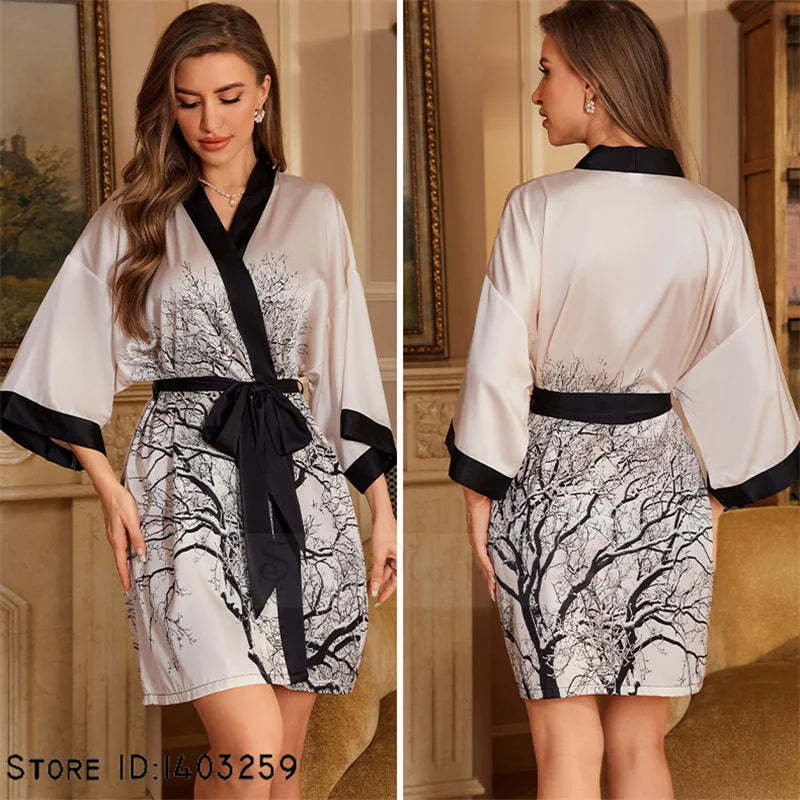 Art Print Silk Satin Kimono Gown