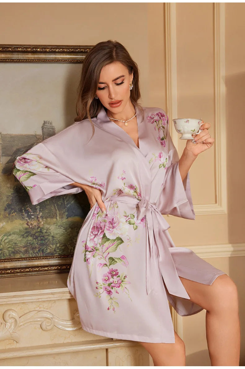 Art Print Silk Satin Kimono Gown