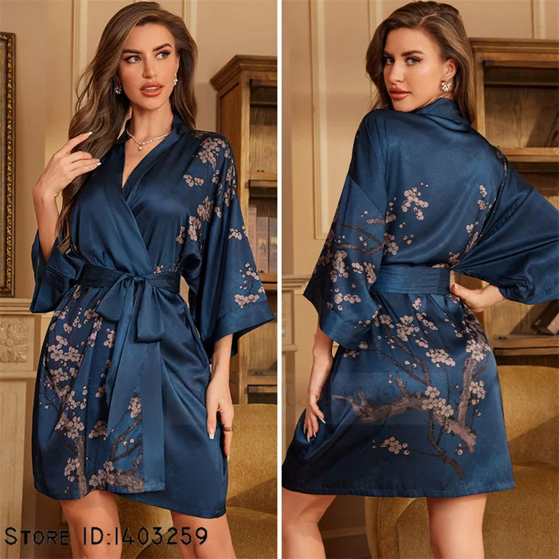 Art Print Silk Satin Kimono Gown