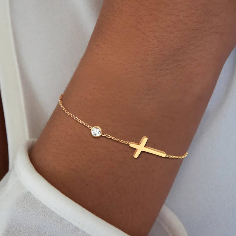 Minimal Cross + Single Stone Chain Bracelet