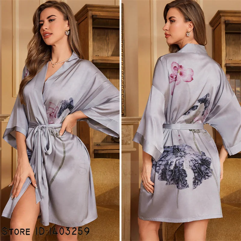 Art Print Silk Satin Kimono Gown