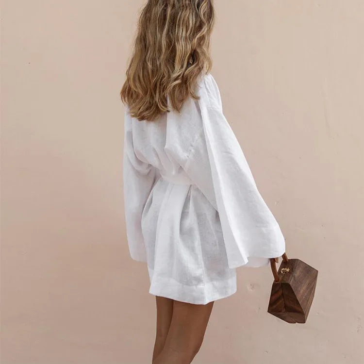 Cotton Kimono-Style Robe Mini Dress with Waist Sash