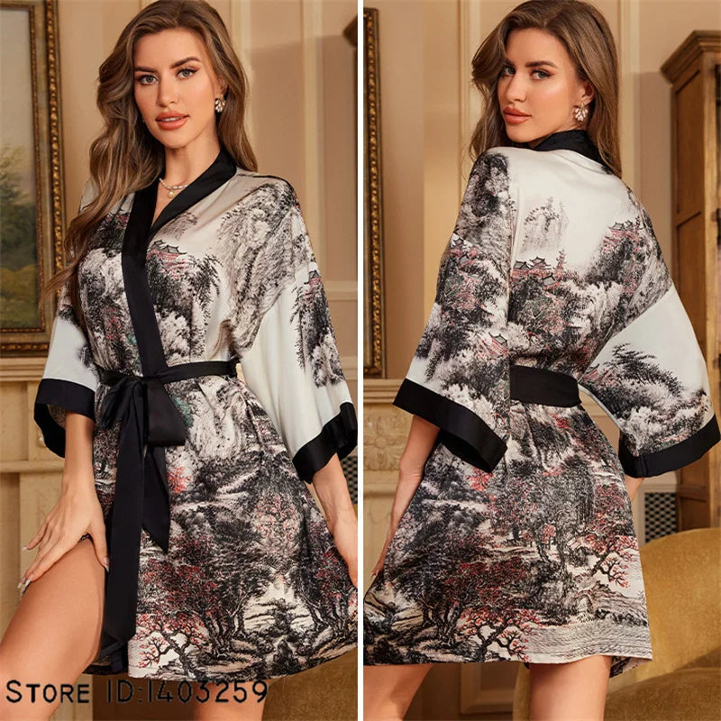 Art Print Silk Satin Kimono Gown