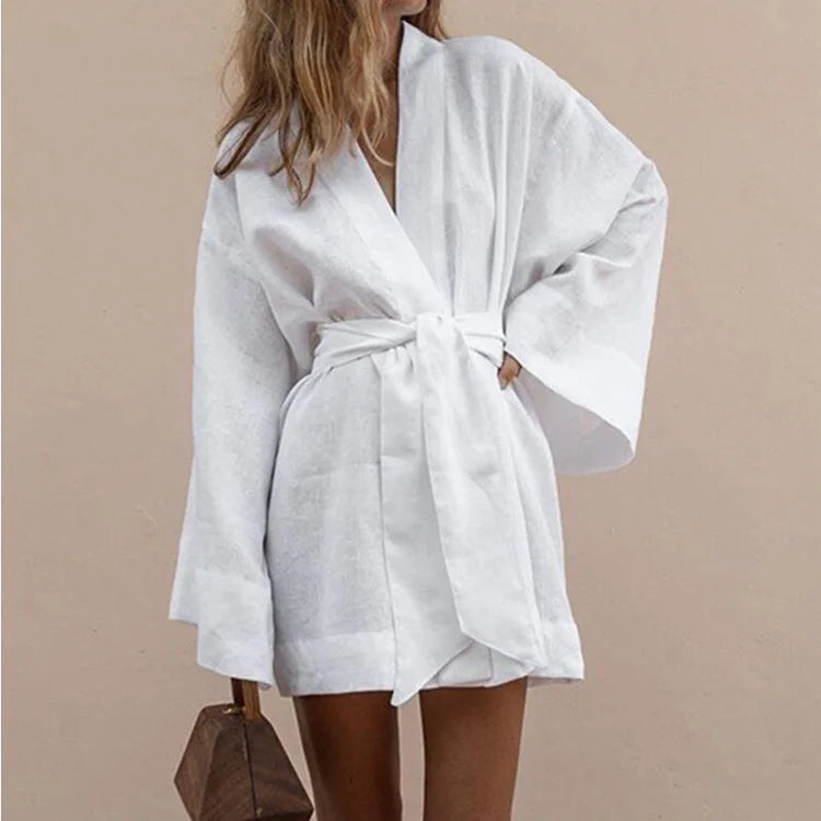 Cotton Kimono-Style Robe Mini Dress with Waist Sash