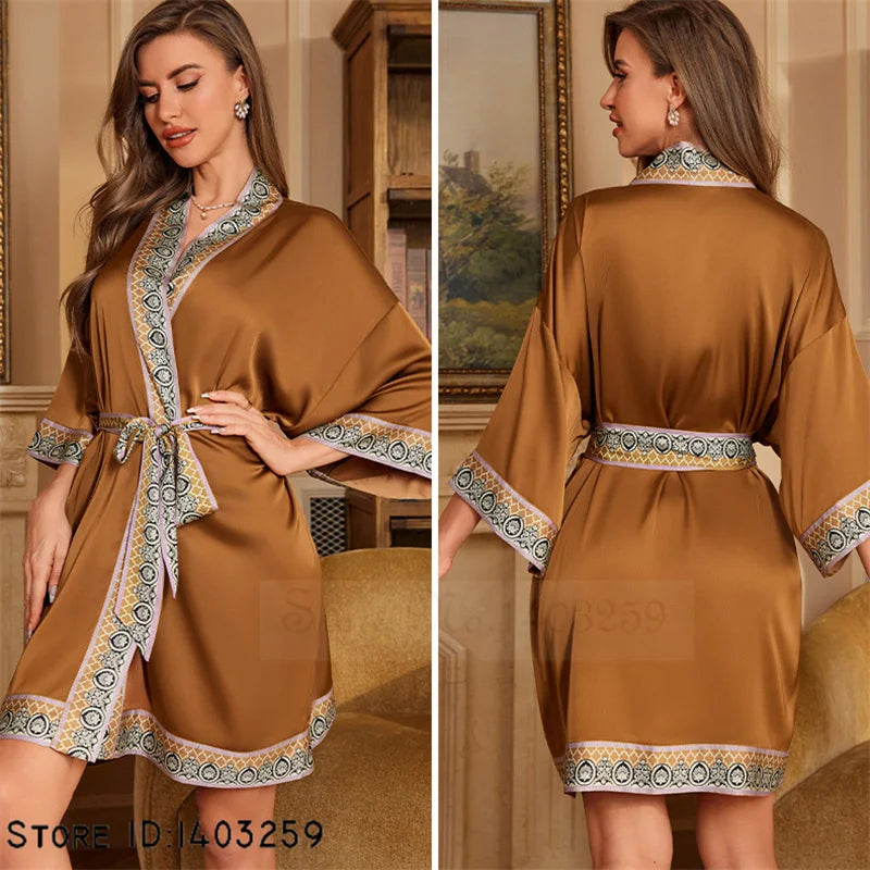 Art Print Silk Satin Kimono Gown