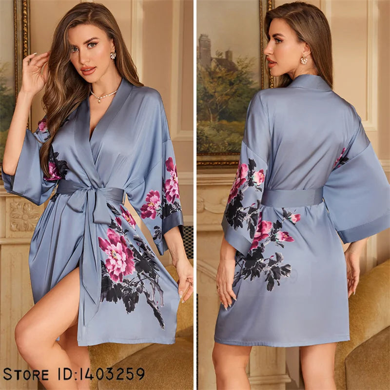 Art Print Silk Satin Kimono Gown