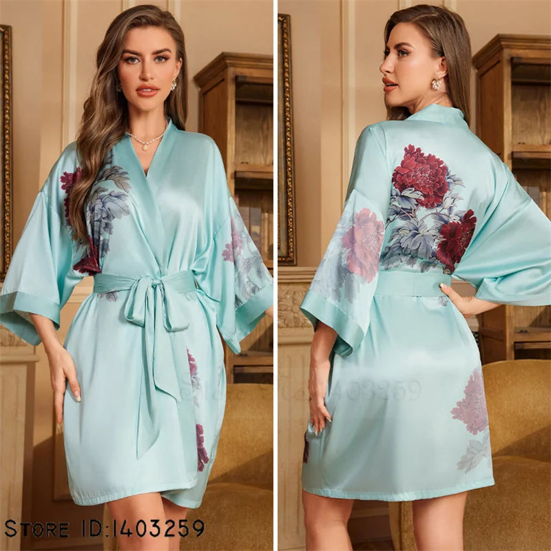 Art Print Silk Satin Kimono Gown