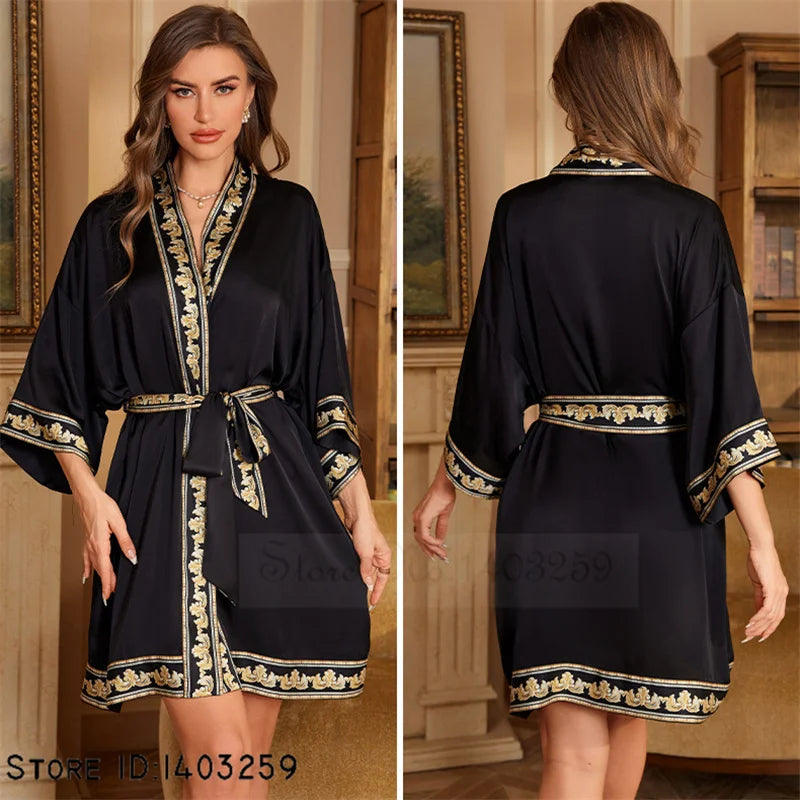 Art Print Silk Satin Kimono Gown
