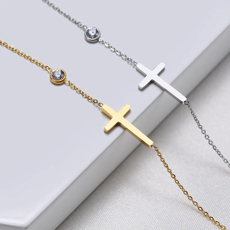 Minimal Cross + Single Stone Chain Bracelet