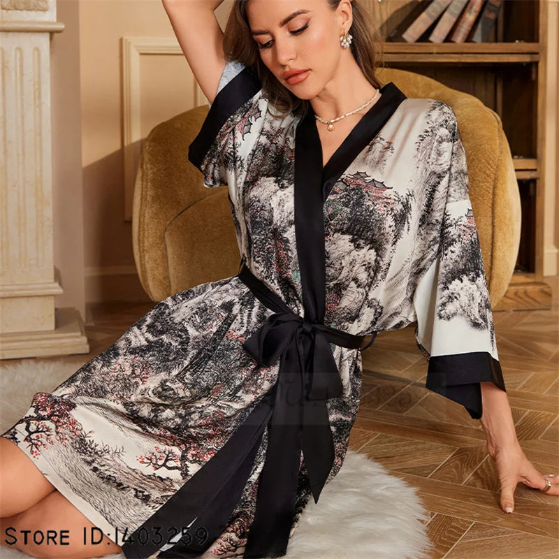 Art Print Silk Satin Kimono Gown