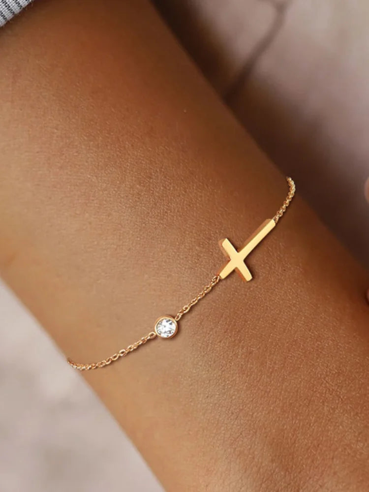 Minimal Cross + Single Stone Chain Bracelet