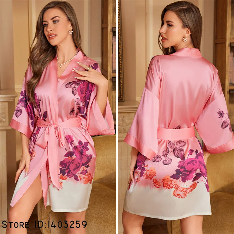 Art Print Silk Satin Kimono Gown