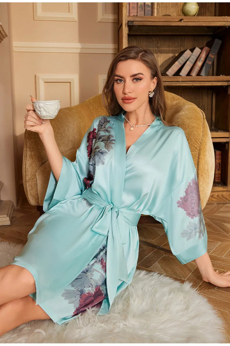 Art Print Silk Satin Kimono Gown