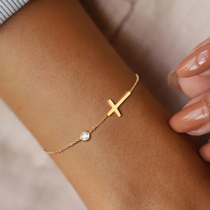 Minimal Cross + Single Stone Chain Bracelet