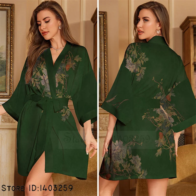 Art Print Silk Satin Kimono Gown