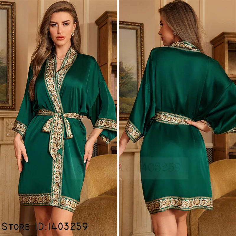 Art Print Silk Satin Kimono Gown